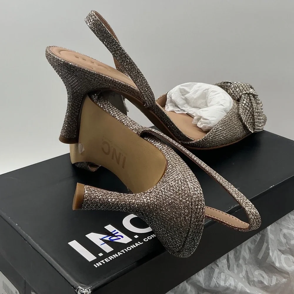 INC International Concepts Women Rhinestone Bow Slingback Metallic Pumps Gold